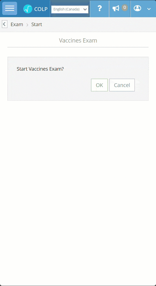 This is a GIF showing an example of a member or registrant taking a multiple choice jurisprudence exam. The exam is demonstrating 2 questions about vaccines